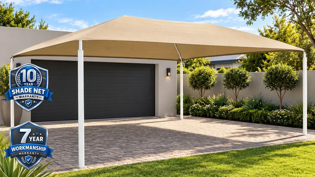 Desert Sand 4-post shadeport with 10-year shade net warranty and 7-year workmanship warranty.