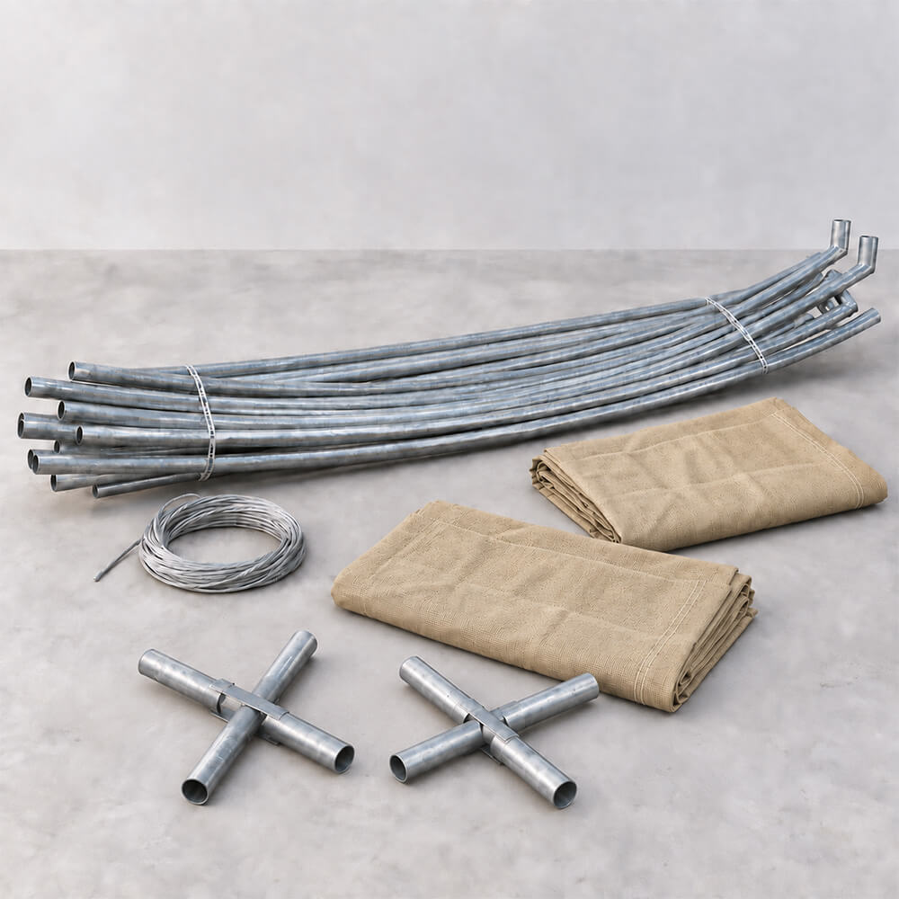 Double 4-post shadeport DIY kit with galvanised steel hoops, cable, two separate centre crosses and two folded desert-sand shade-net covers