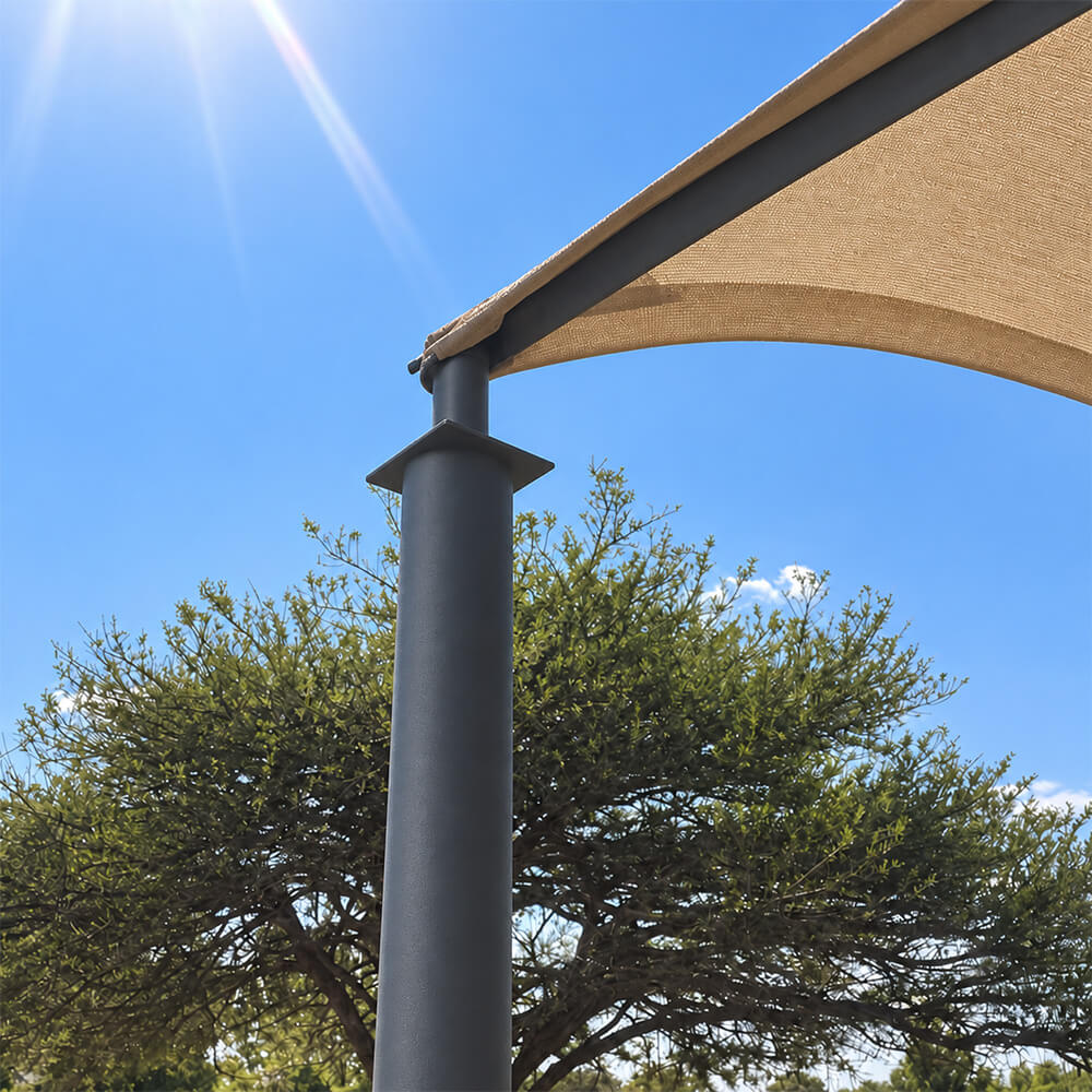 Close-up of a smooth charcoal shadeport pole and bracket supporting desert sand shade netting.
