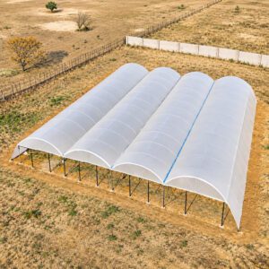 Aerial view of four adjoining arched agricultural tunnel bays with white coverings.